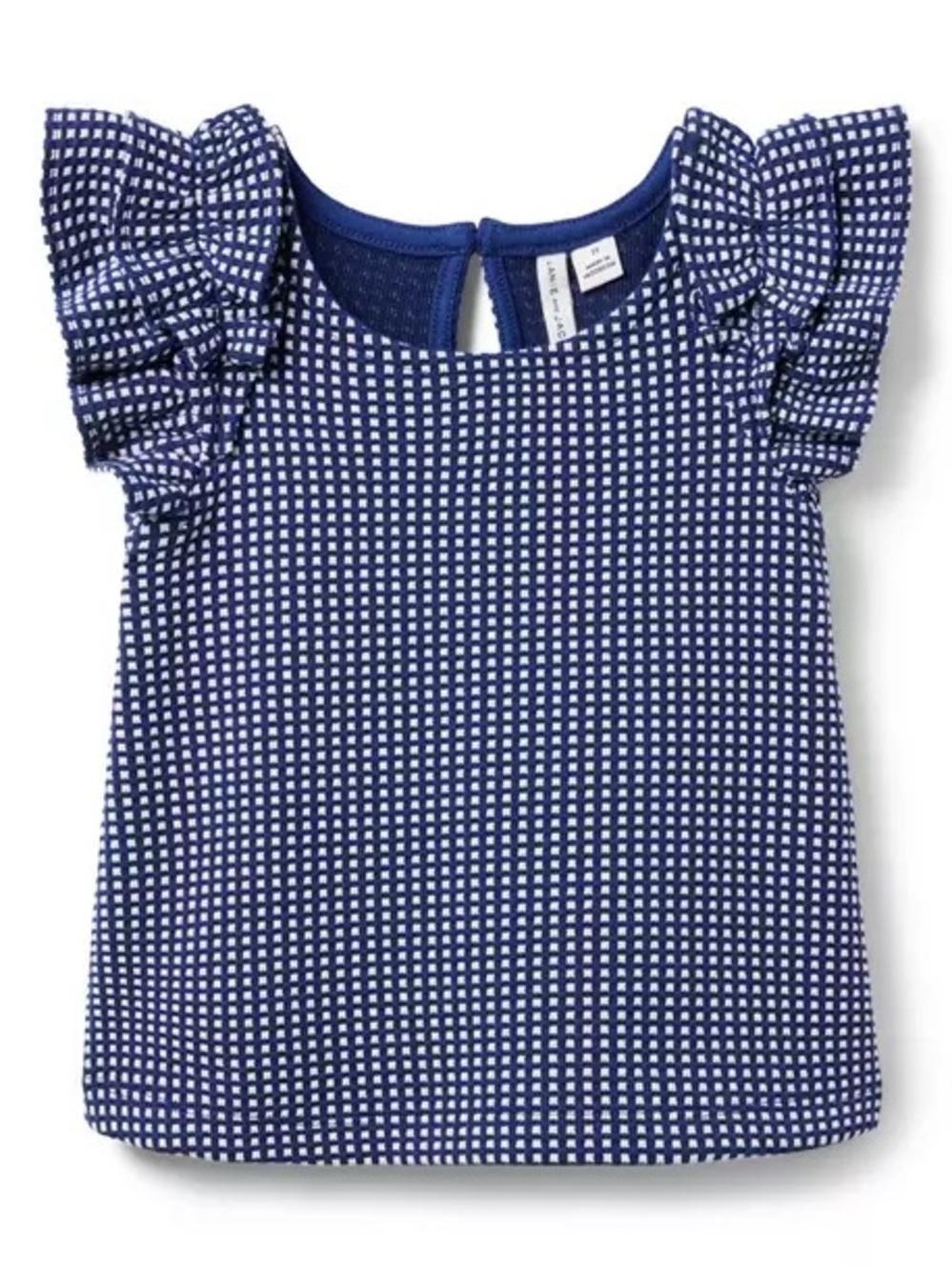 Girls' Navy Blue Gingham Ruffle Sleeve Top and Pants Set